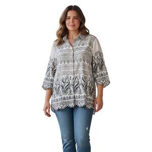 Chico’s Petite Eyelet Paisley Button Down Blouse Black Size 2P Large NWT